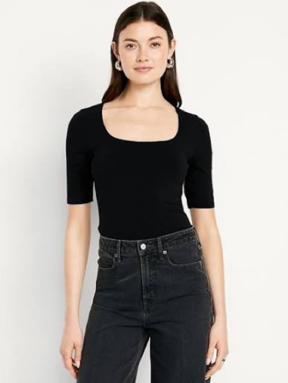 Fitted Double-Layer Elbow-Sleeve Scoop-Neck Top - Medium
